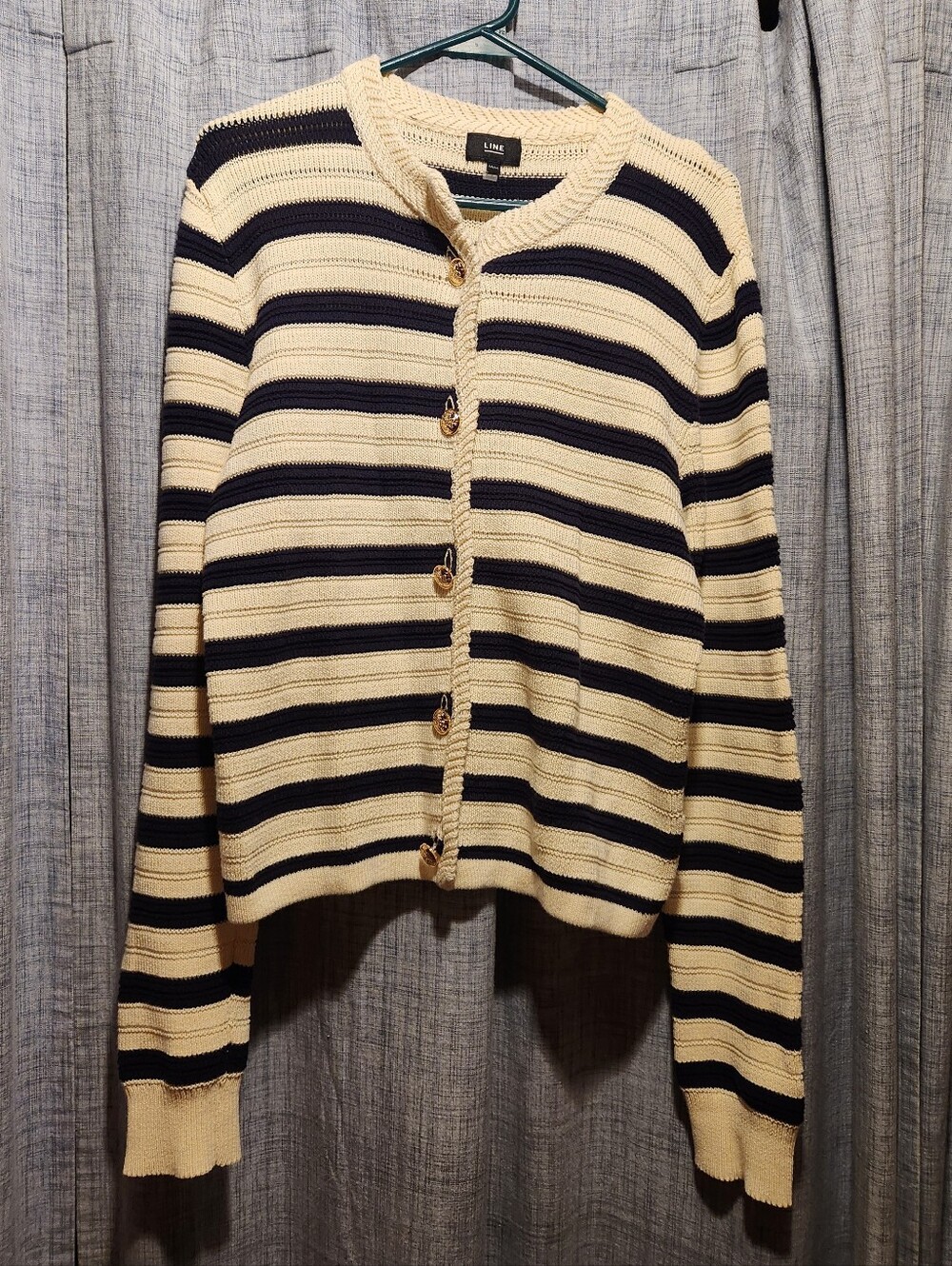 Chic Line Striped Button-Bront Gold Sweater Cardigan - Cream & Navy Classy Women